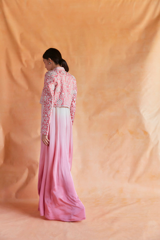 Pink and white ombre maxi with embroidered crop jacket