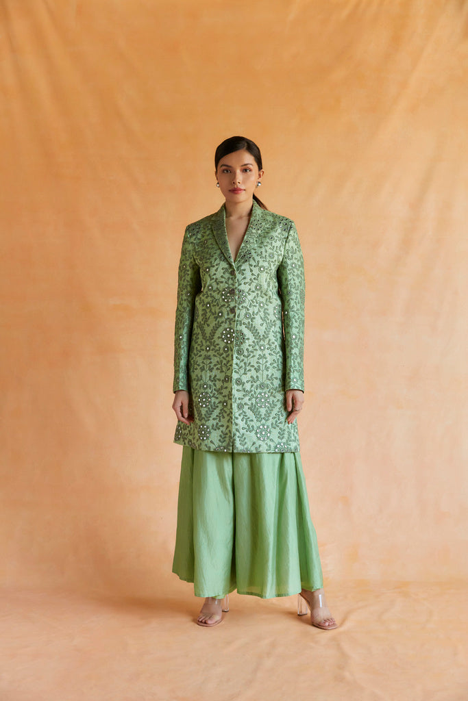 Green mirror embroidered blazer with palazzo