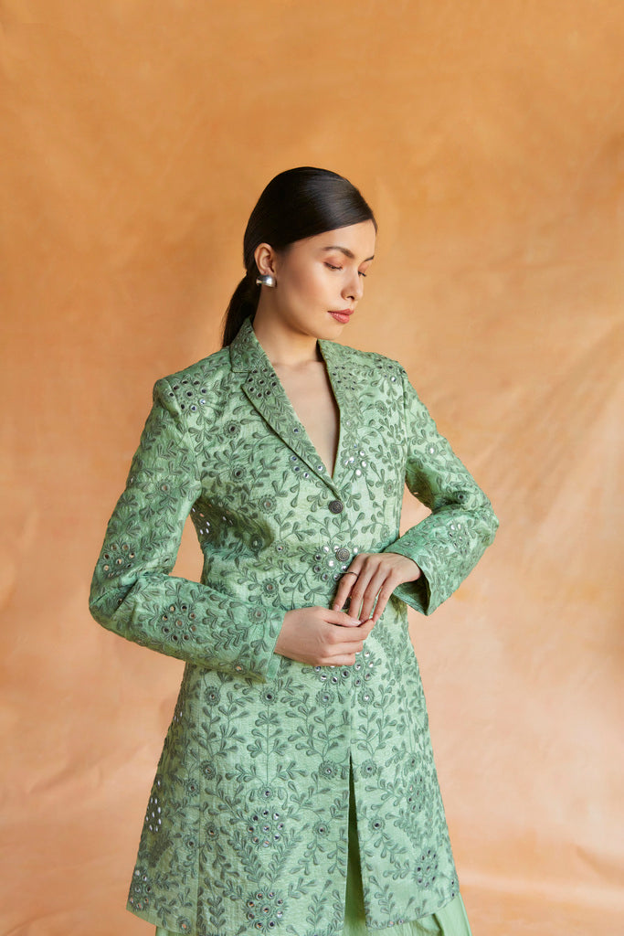 Green mirror embroidered blazer with palazzo
