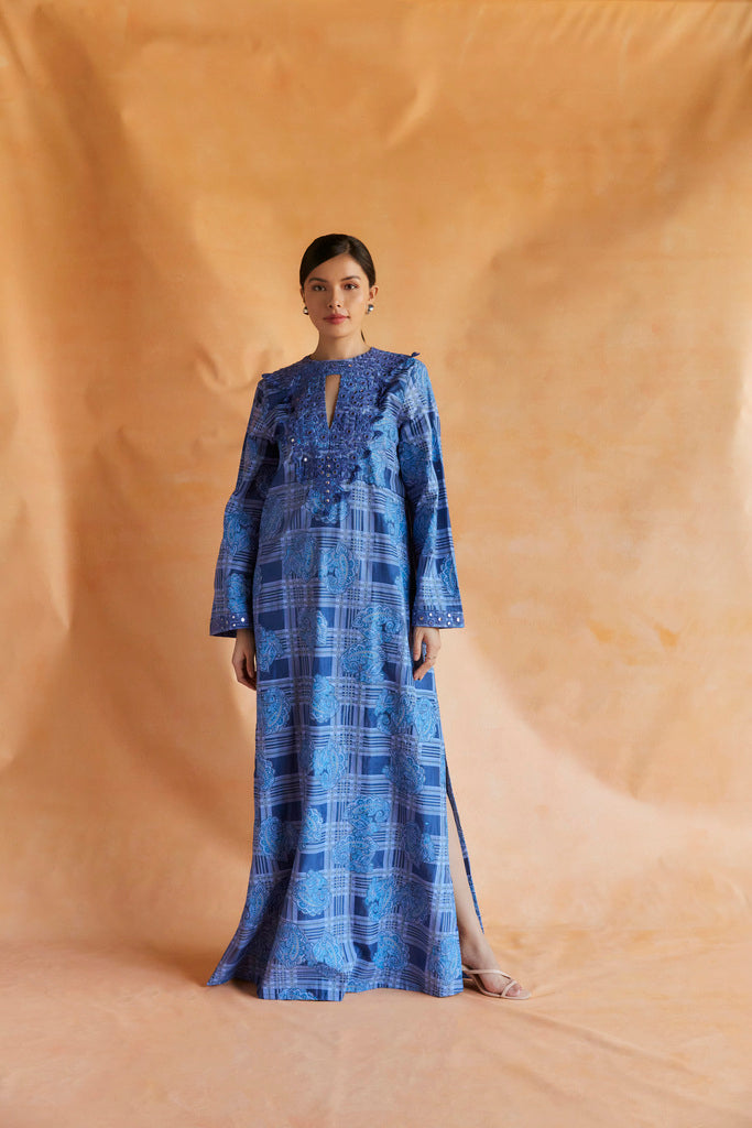 Blue paisley and checks printed embroidered kaftan