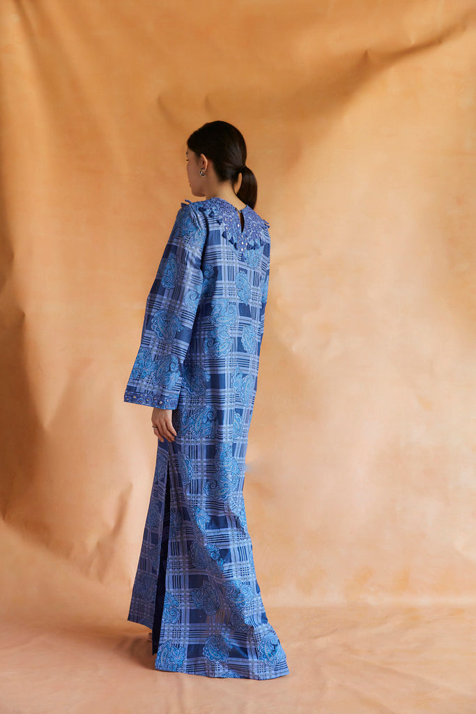 Blue paisley and checks printed embroidered kaftan