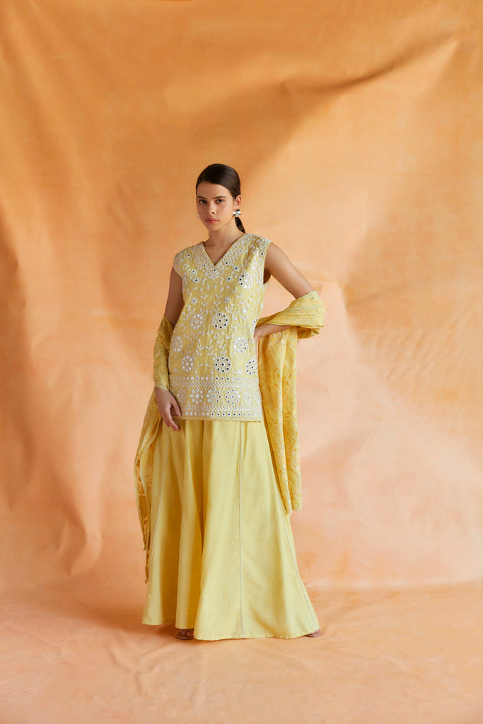 Lemon yellow embroidered short kurta with palazzo and dupatta