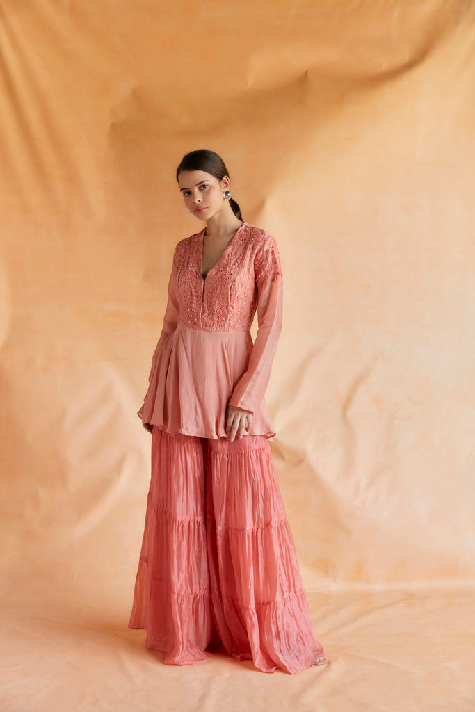 Coral embroidered peplum top with tired sharara