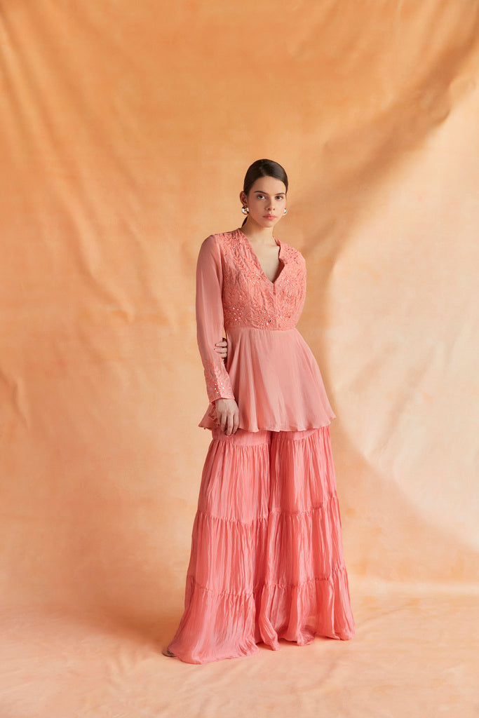 Coral embroidered peplum top with tired sharara