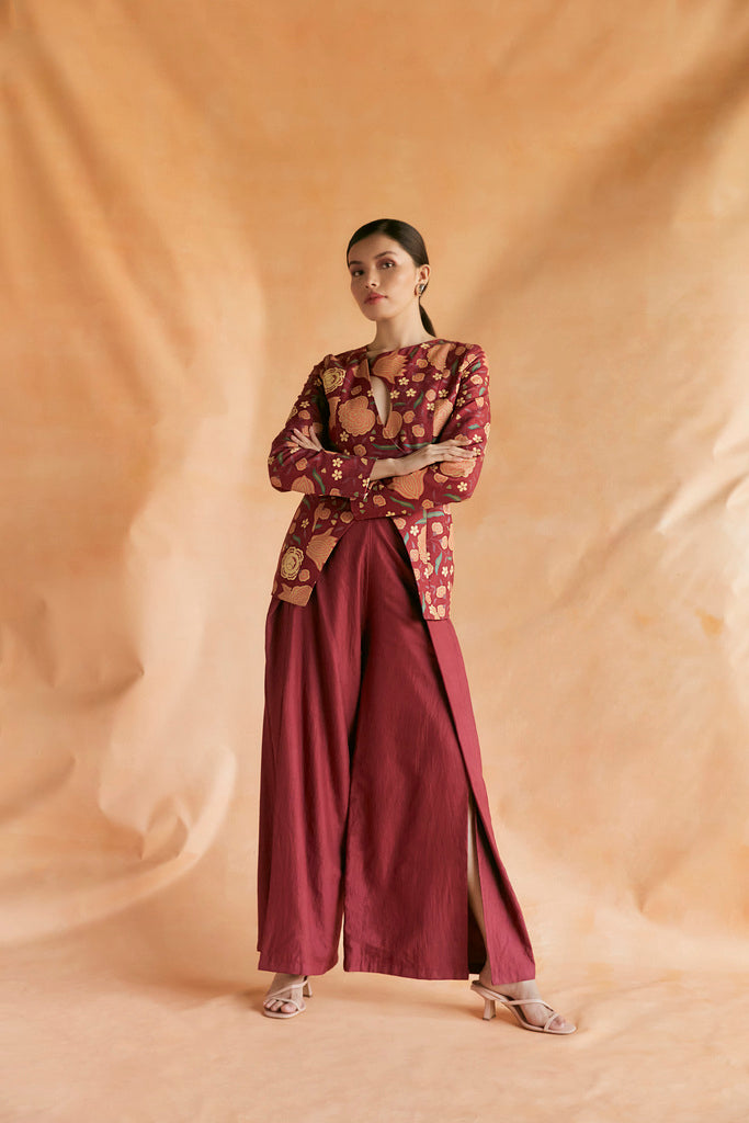 Deep red chintz printed jacket with pants