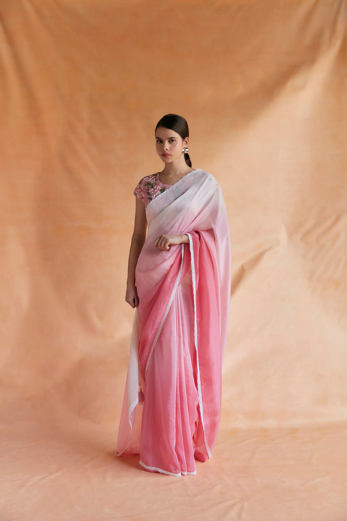 Pink and white ombre saree with embroidered blouse