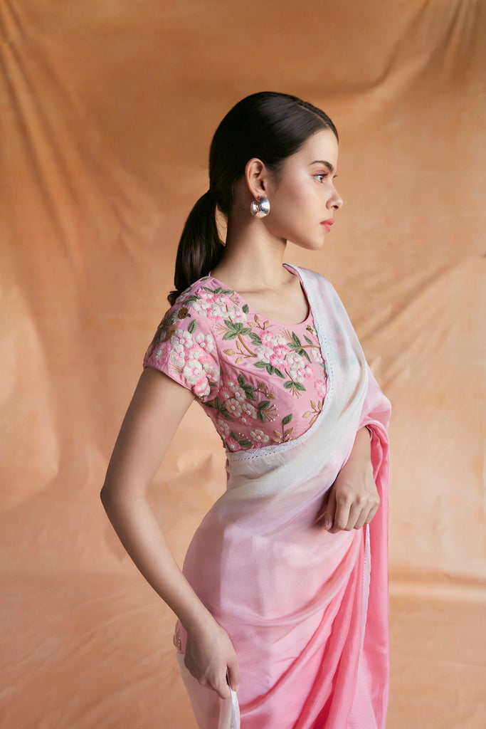 Pink and white ombre saree with embroidered blouse