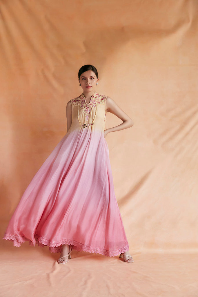 strapless open back dress Oueen Ombre Dress - Yellow - Pink main image 1