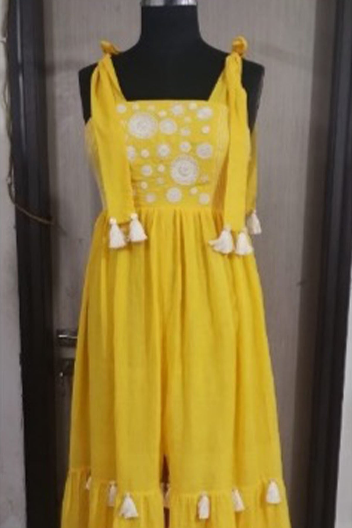 Yellow Cotton Tiered Strappy Boho Maxi with Embroidered Yoke and Fringe Details