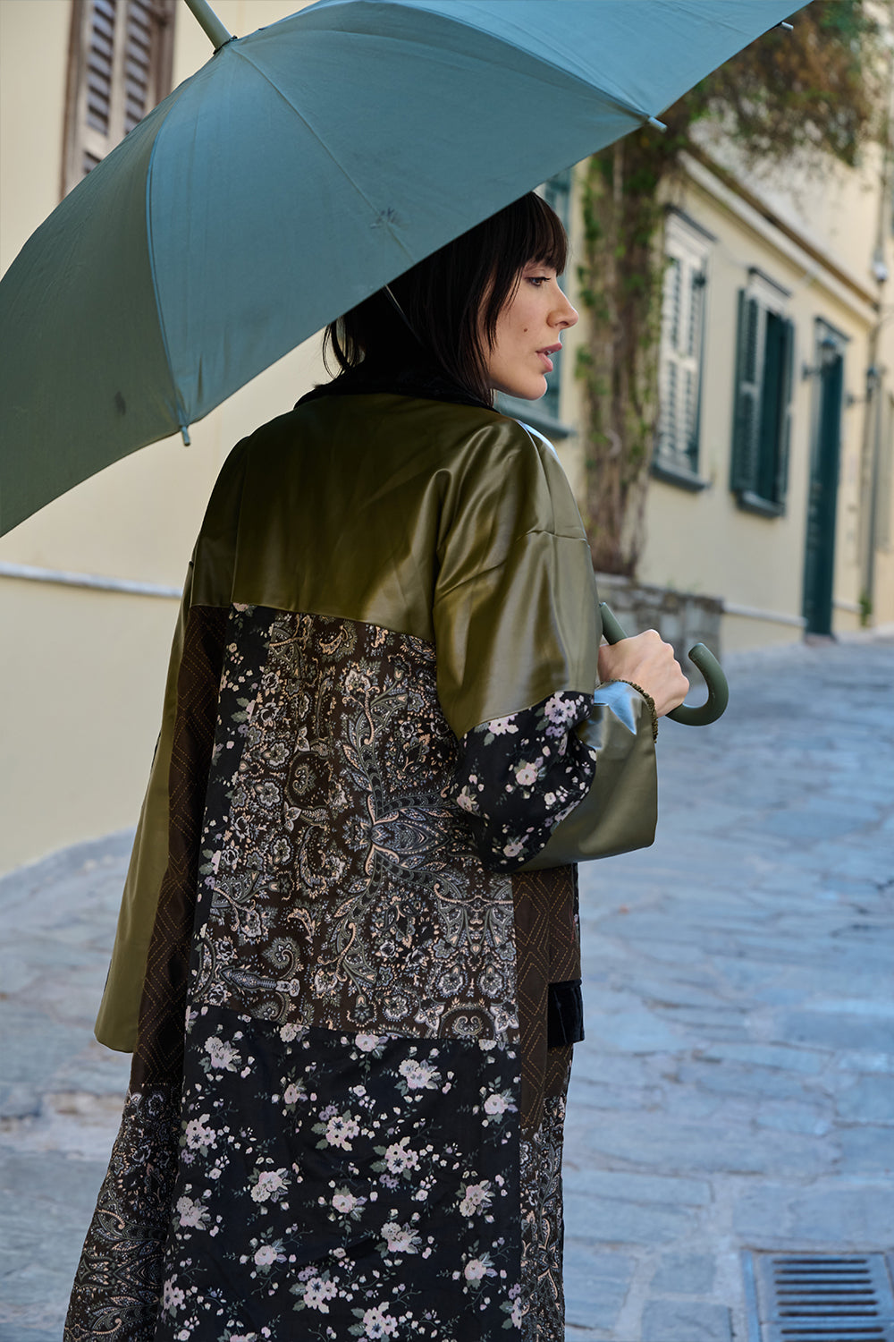Olive & Black Printed Embroidered Trench