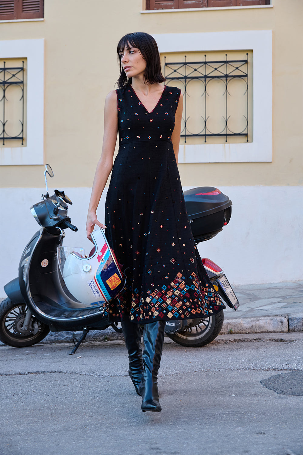 Black Textured X-Stitch Midi Dress