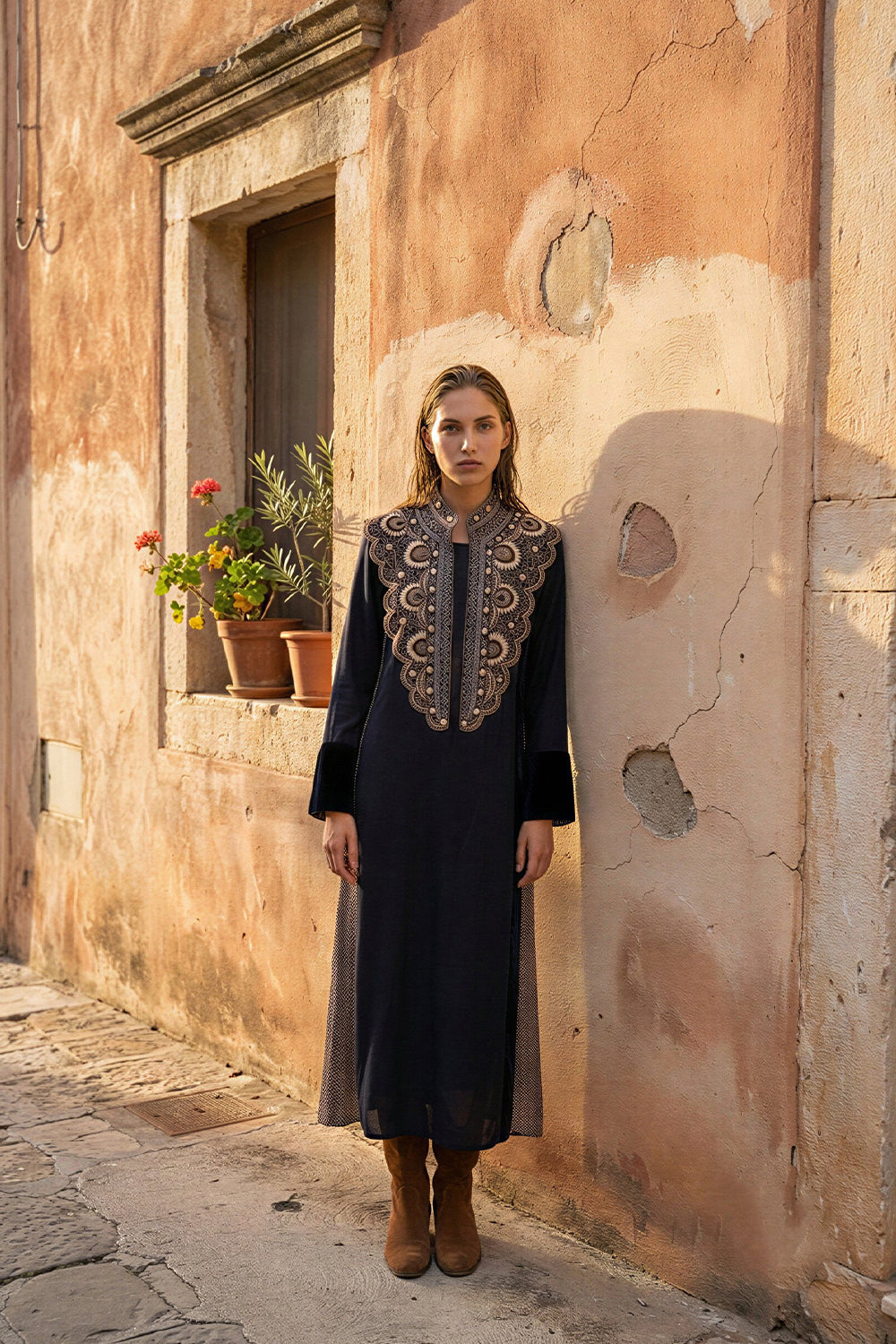 Black Twill Printed Velvet-Detail Dress