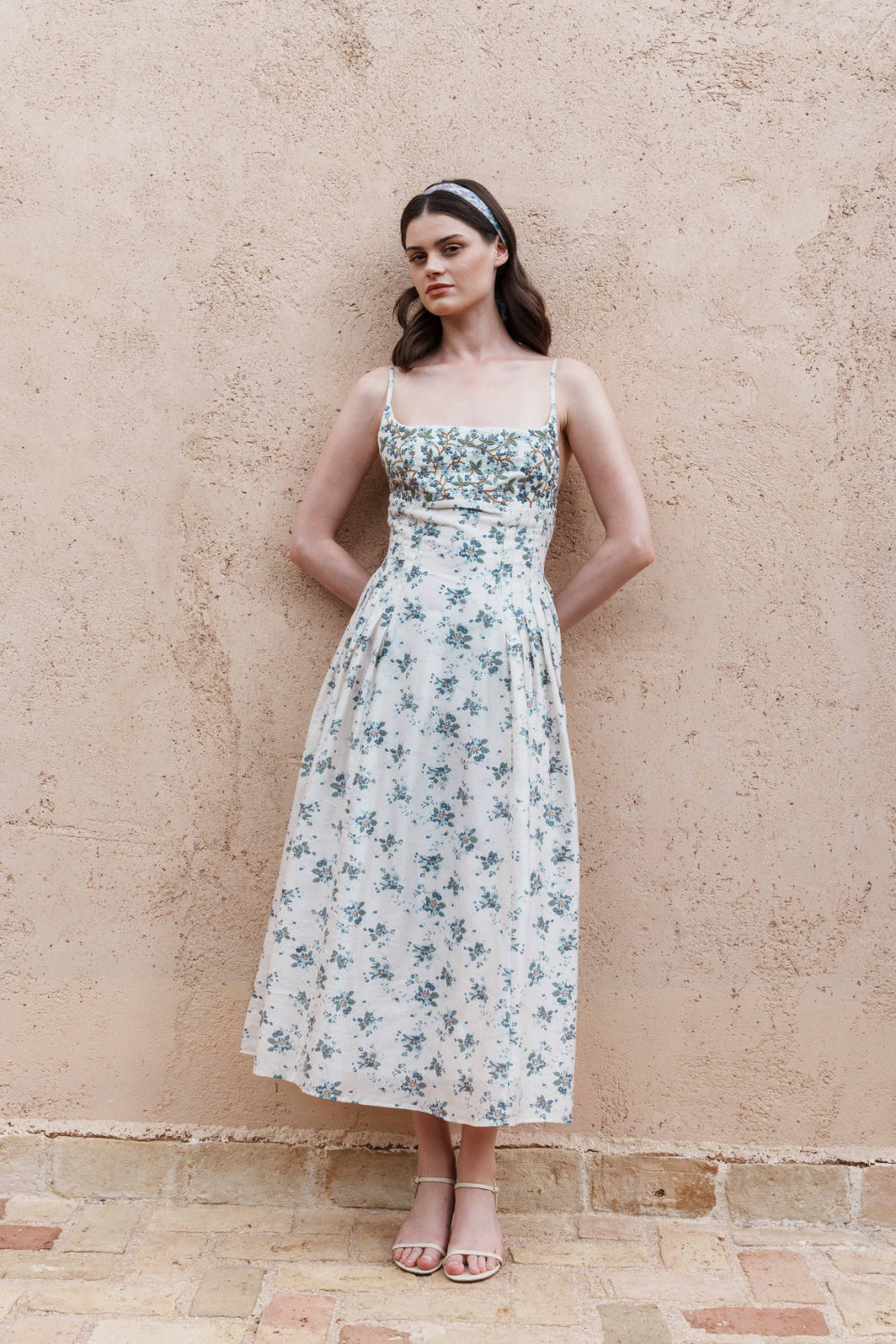 Ecru chanderi floral printed and pleated midi dress