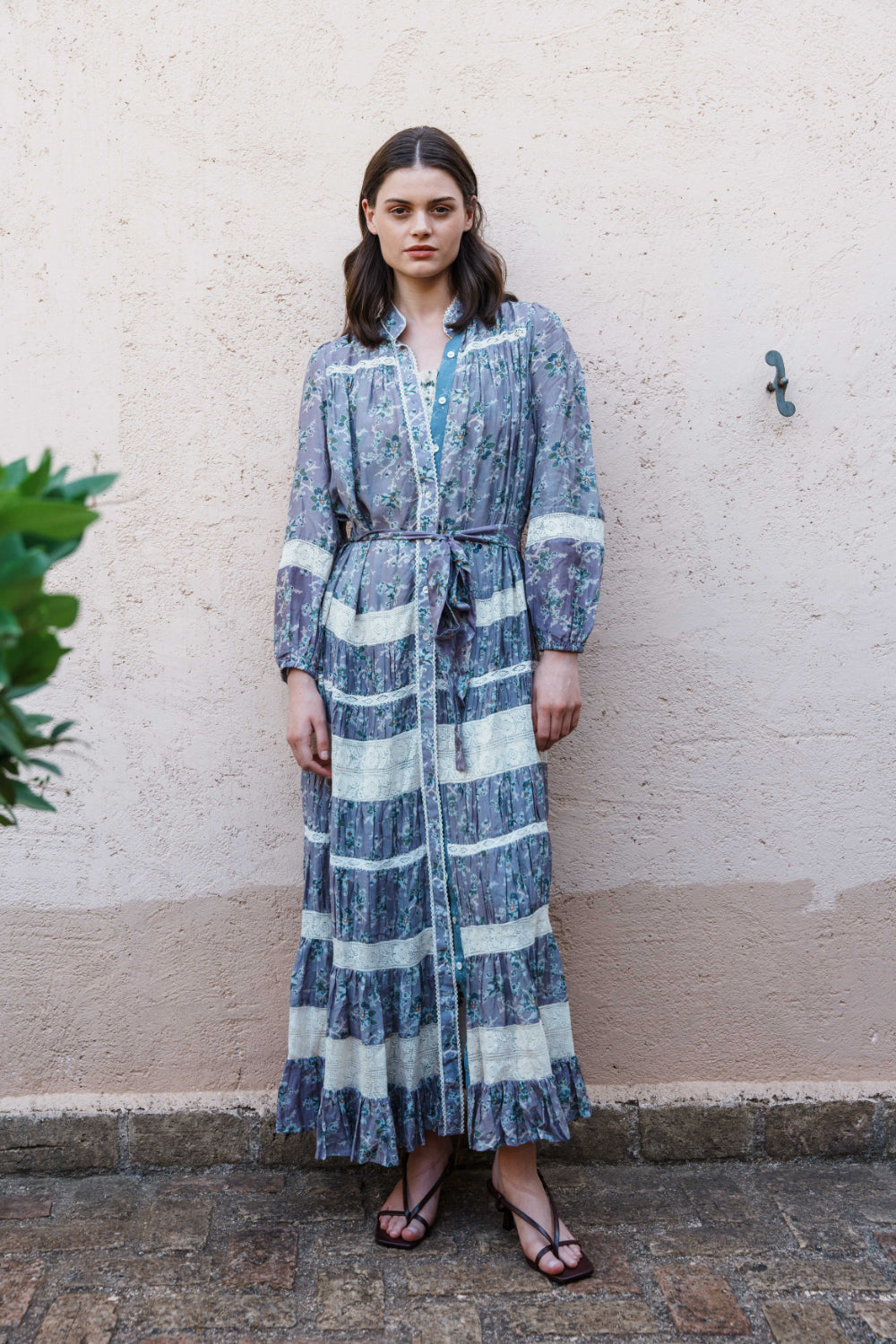 Lilac floral printed with lace insert front open dress with tie up belt