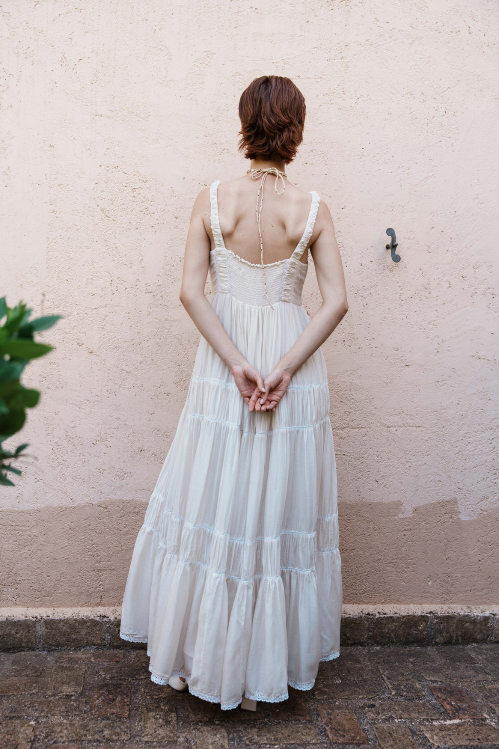 Ecru mul tiered dress with floral embroidery bodice