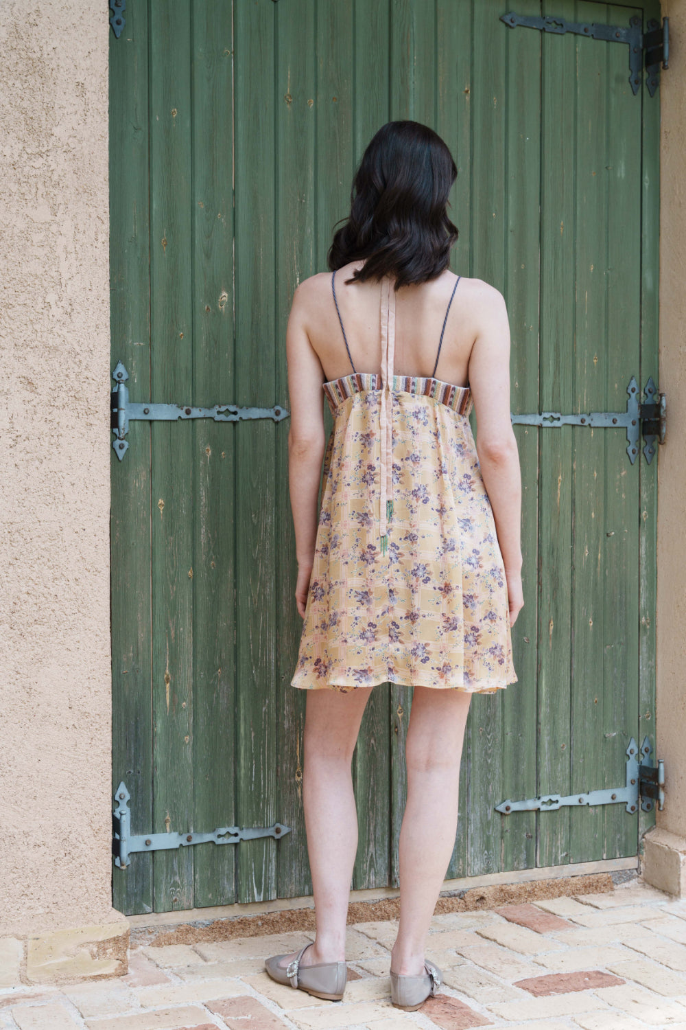 Beige checks and floral printed mini dress with embroidered bodice
