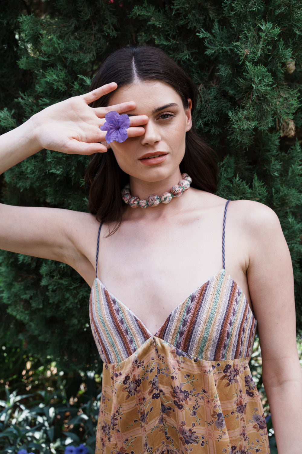 Beige checks and floral printed mini dress with embroidered bodice
