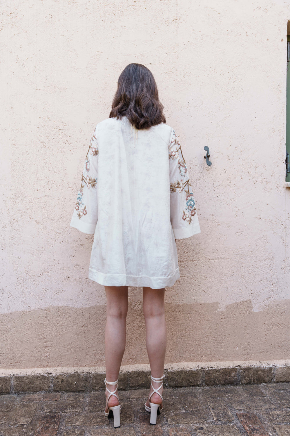 Ecru chanderi mini dress with embroidered applique dress