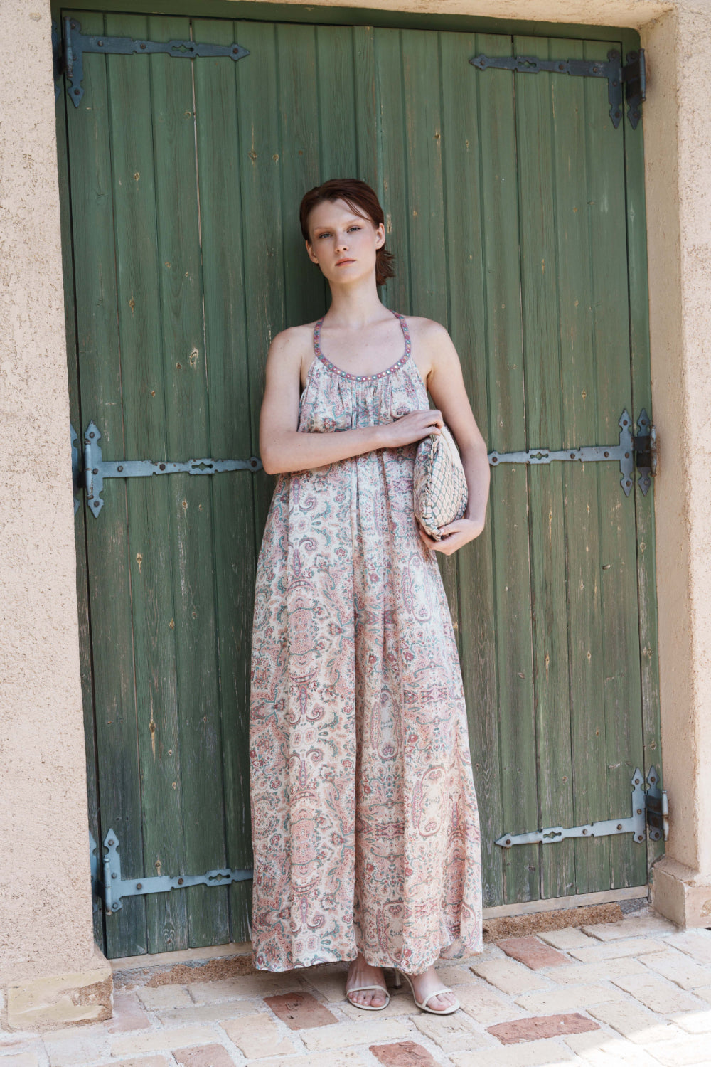 Beige satin paisley printed halter neck maxi with mirror embroidery