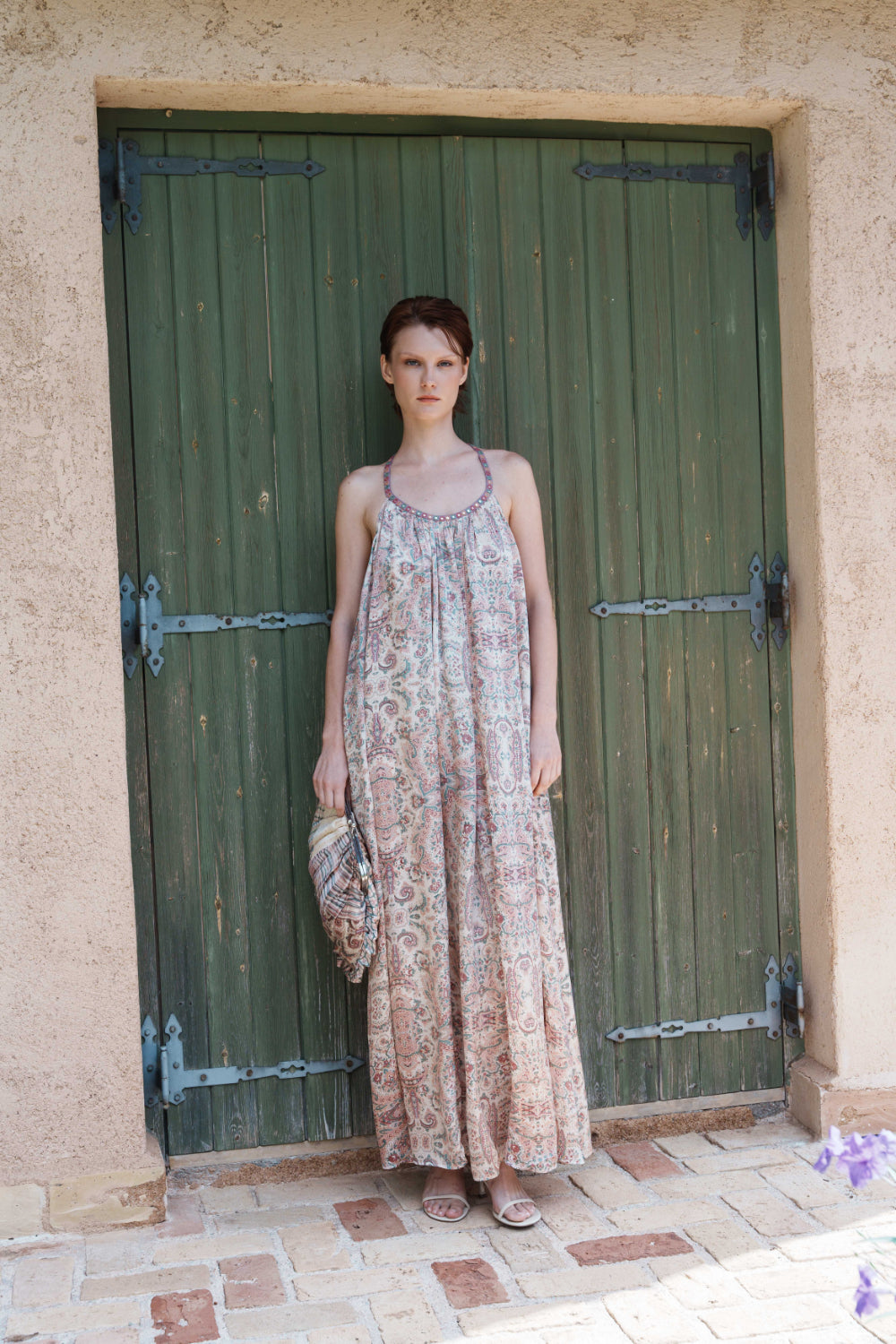 Beige satin paisley printed halter neck maxi with mirror embroidery