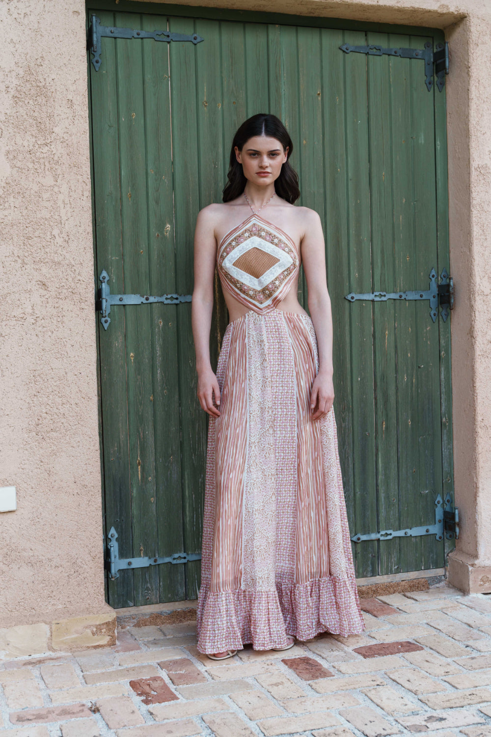 Salmon halter neck multi printed maxi with embroidered bodice