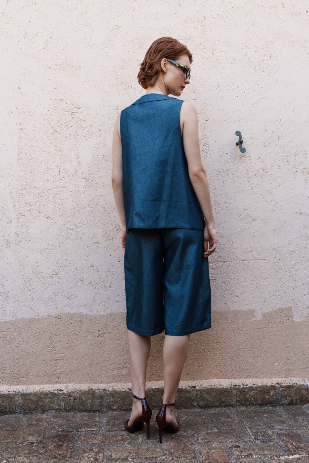 Denim embroidered waistcoat with embroidered bermuda shorts set