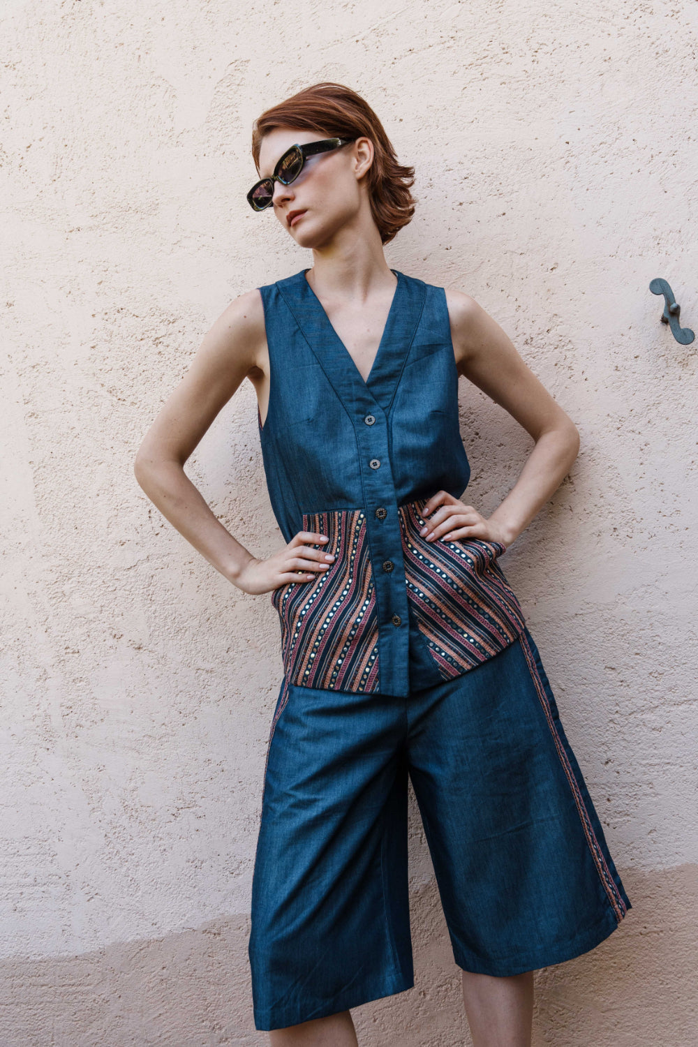 Denim embroidered waistcoat with embroidered bermuda shorts set