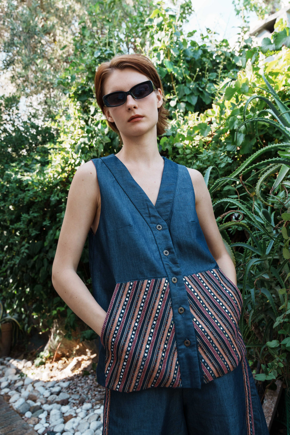 Denim embroidered waistcoat with embroidered bermuda shorts set