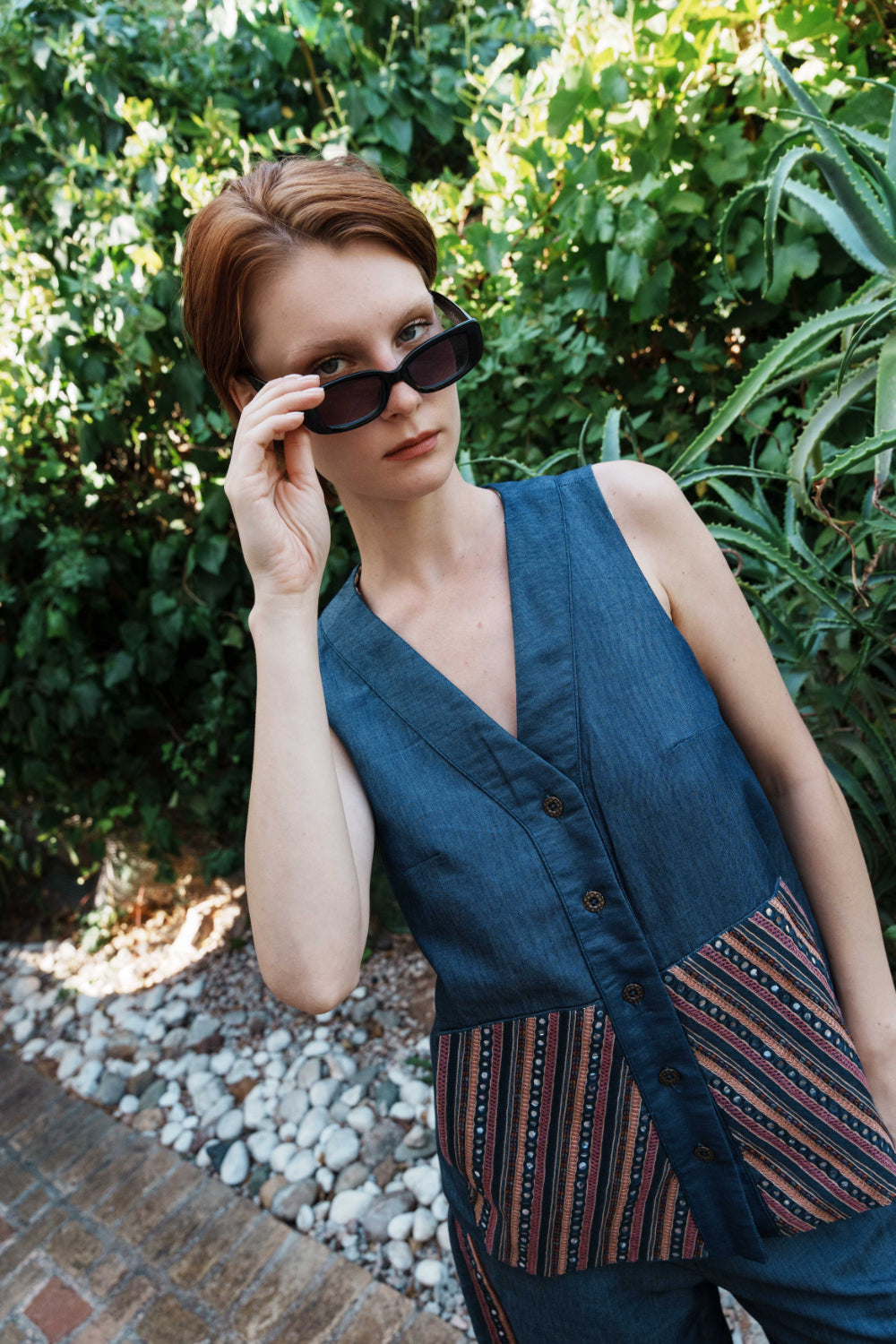 Denim embroidered waistcoat with embroidered bermuda shorts set