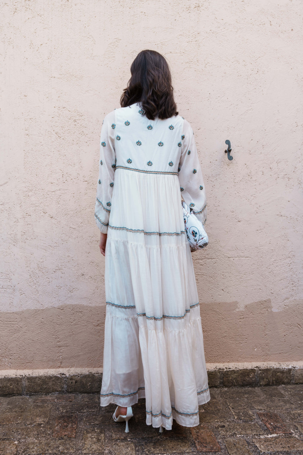 White mul paisley embroidered tiered maxi