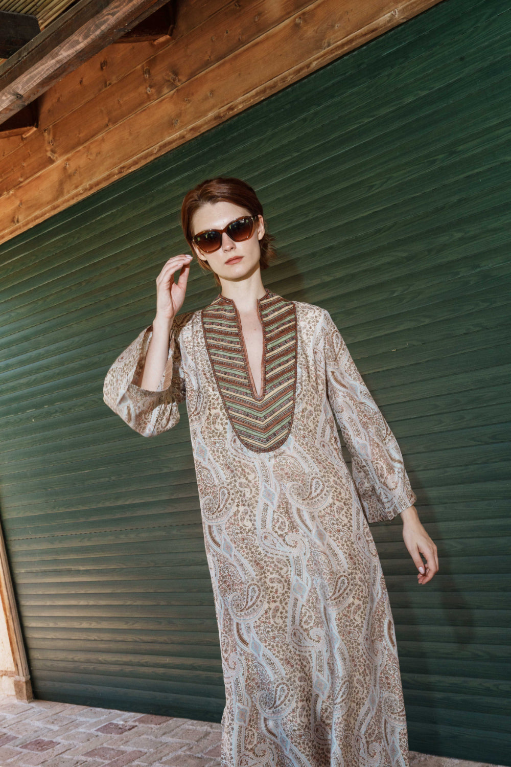 Beige paisley embroidered kaftan with bead embroidered yoke