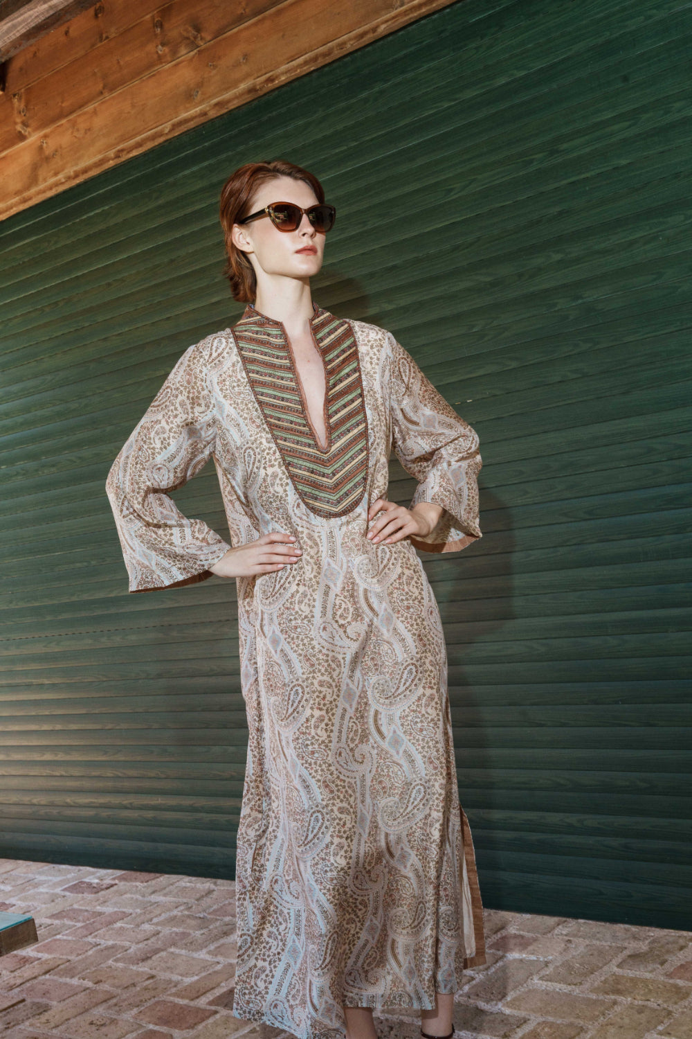 Beige paisley embroidered kaftan with bead embroidered yoke