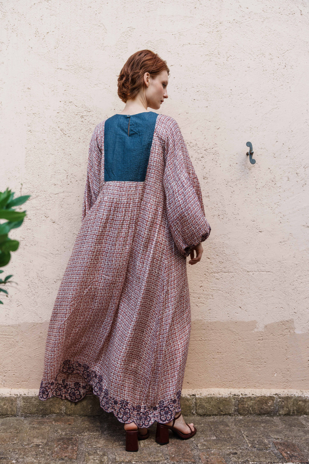 Onion pink printed maxi with embroidered yoke and schfflie hemline