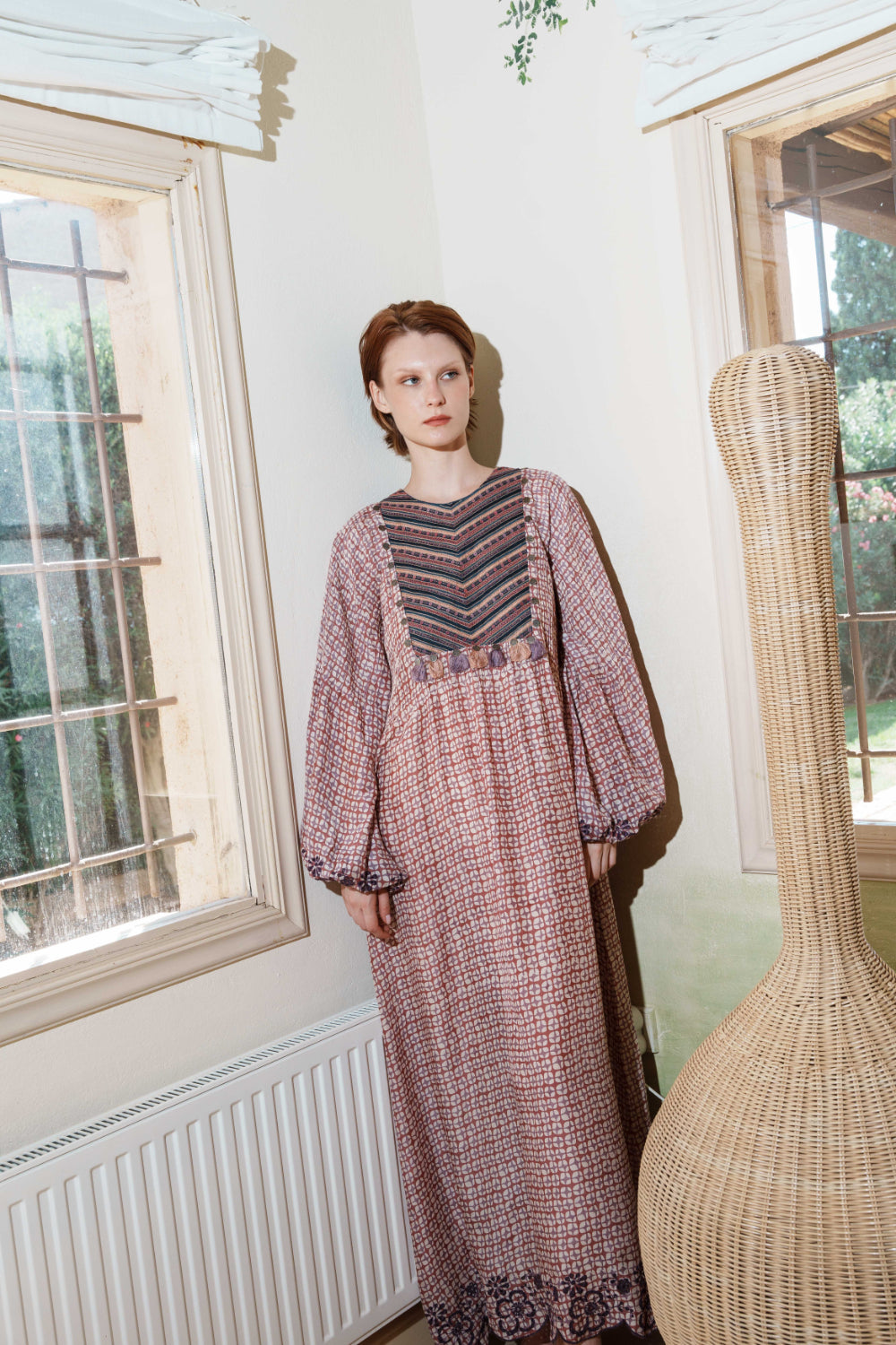 Onion pink printed maxi with embroidered yoke and schfflie hemline