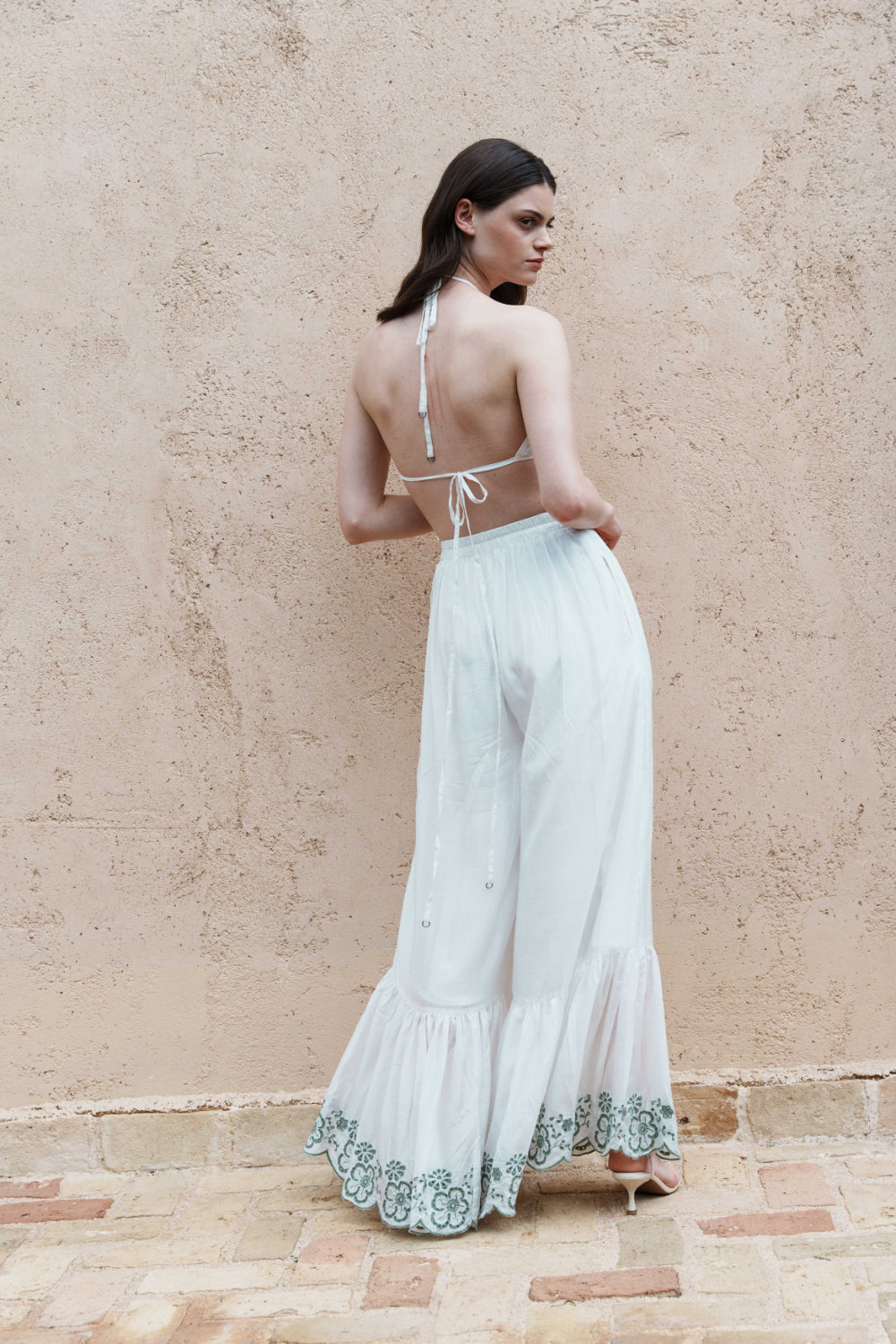 White mul schfflie top with embroidered schfflie sharar pants and printed scarf