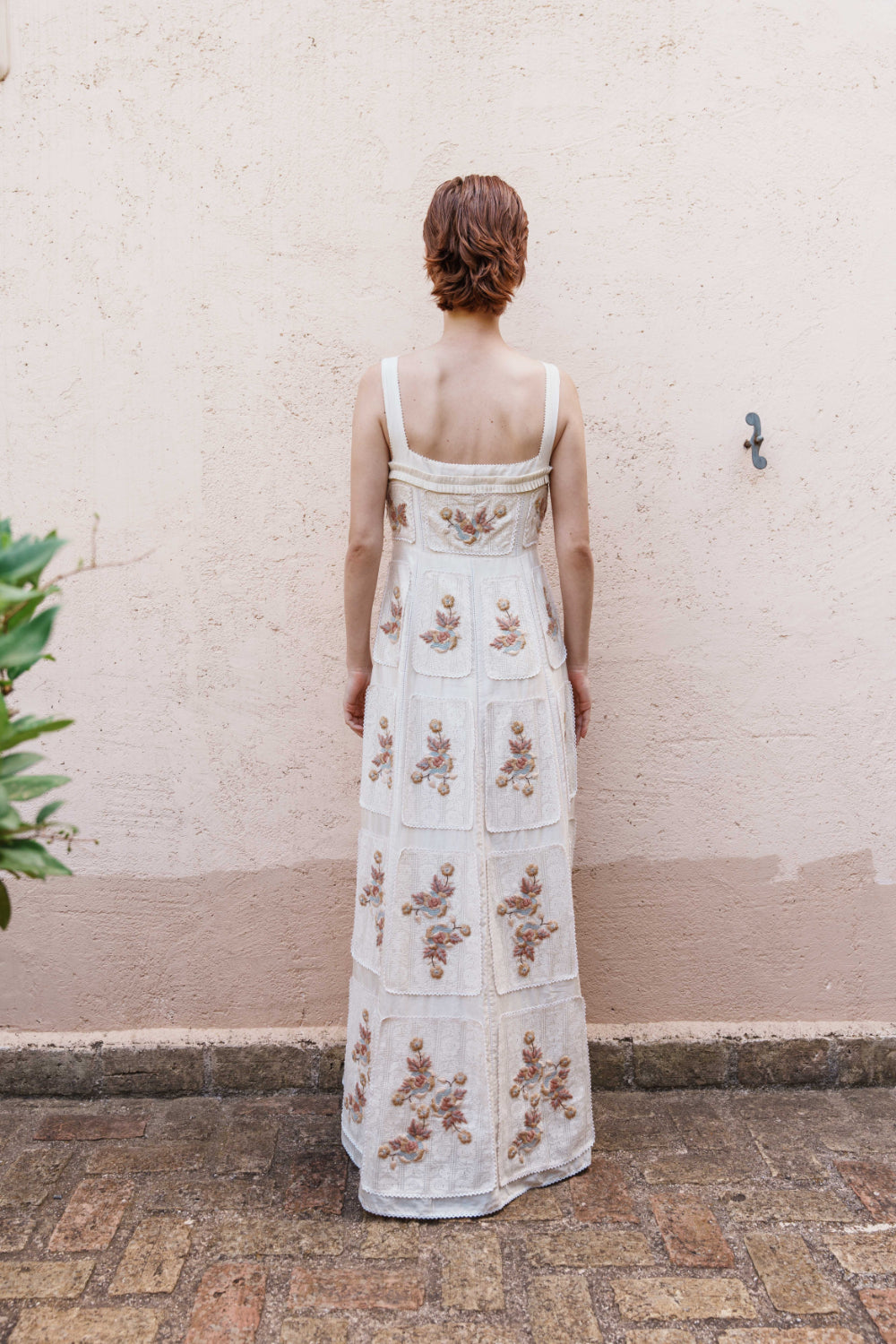 Bone chanderi with lace applique floral embroidered maxi