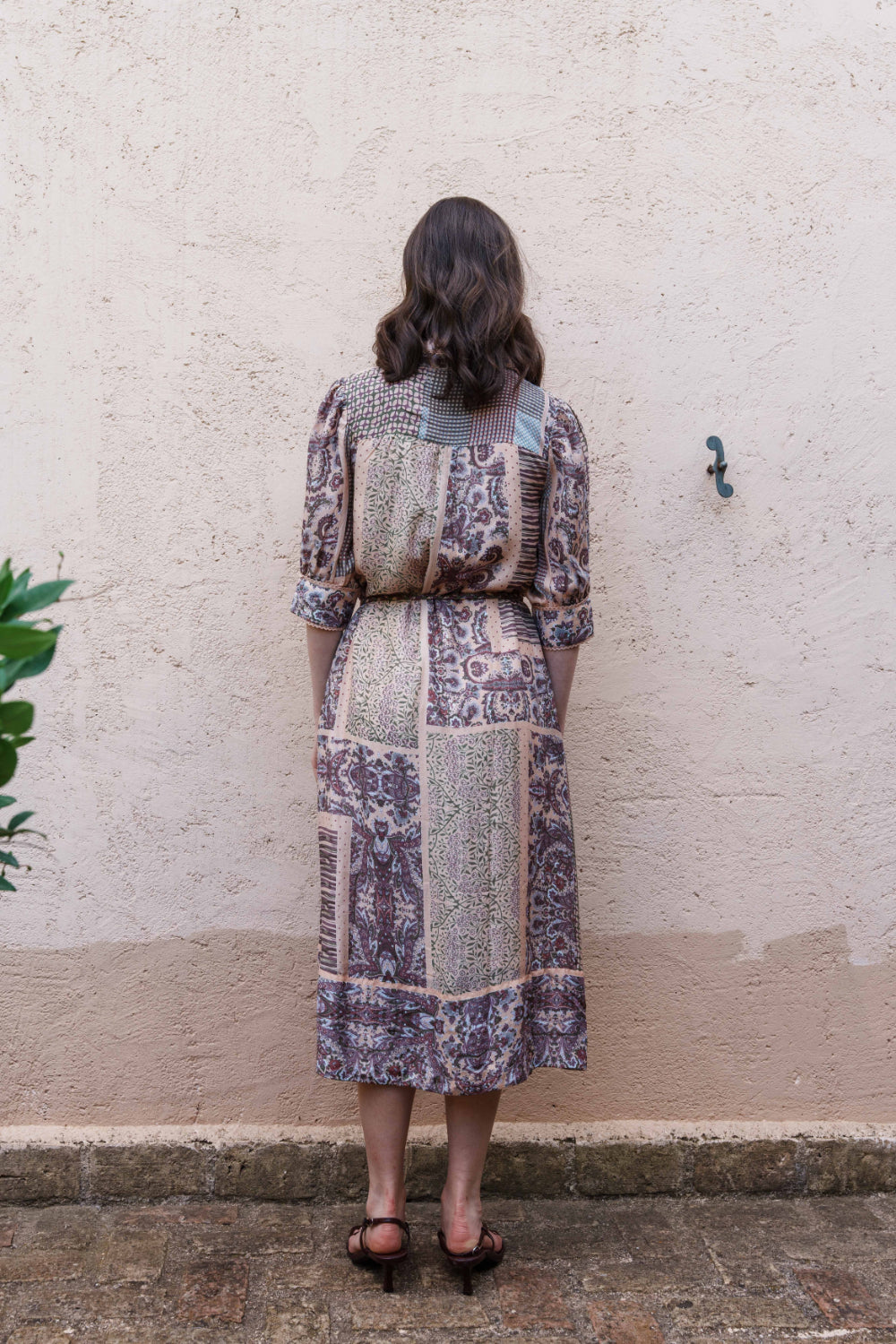 Salmon splcied multi-printed shirt dress with belt