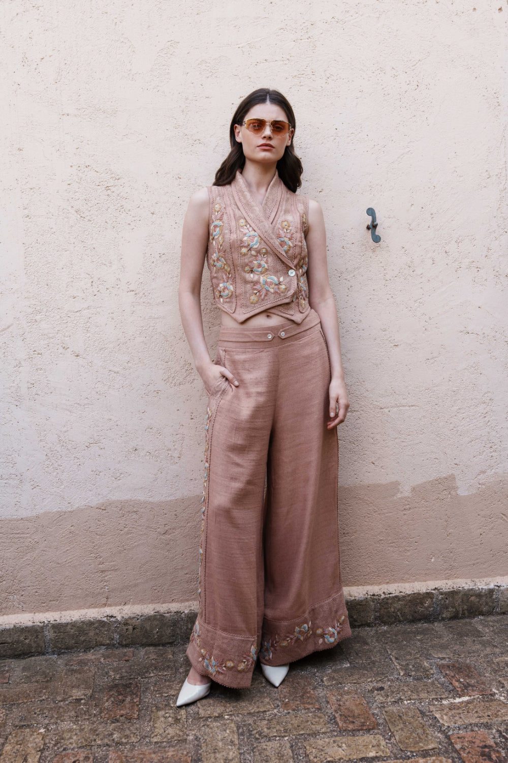 Nude textured fabric embroidered waist coat with pants