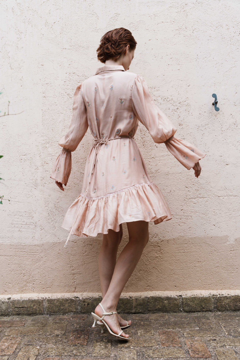 Nude mul ditsy embroidered mini dress