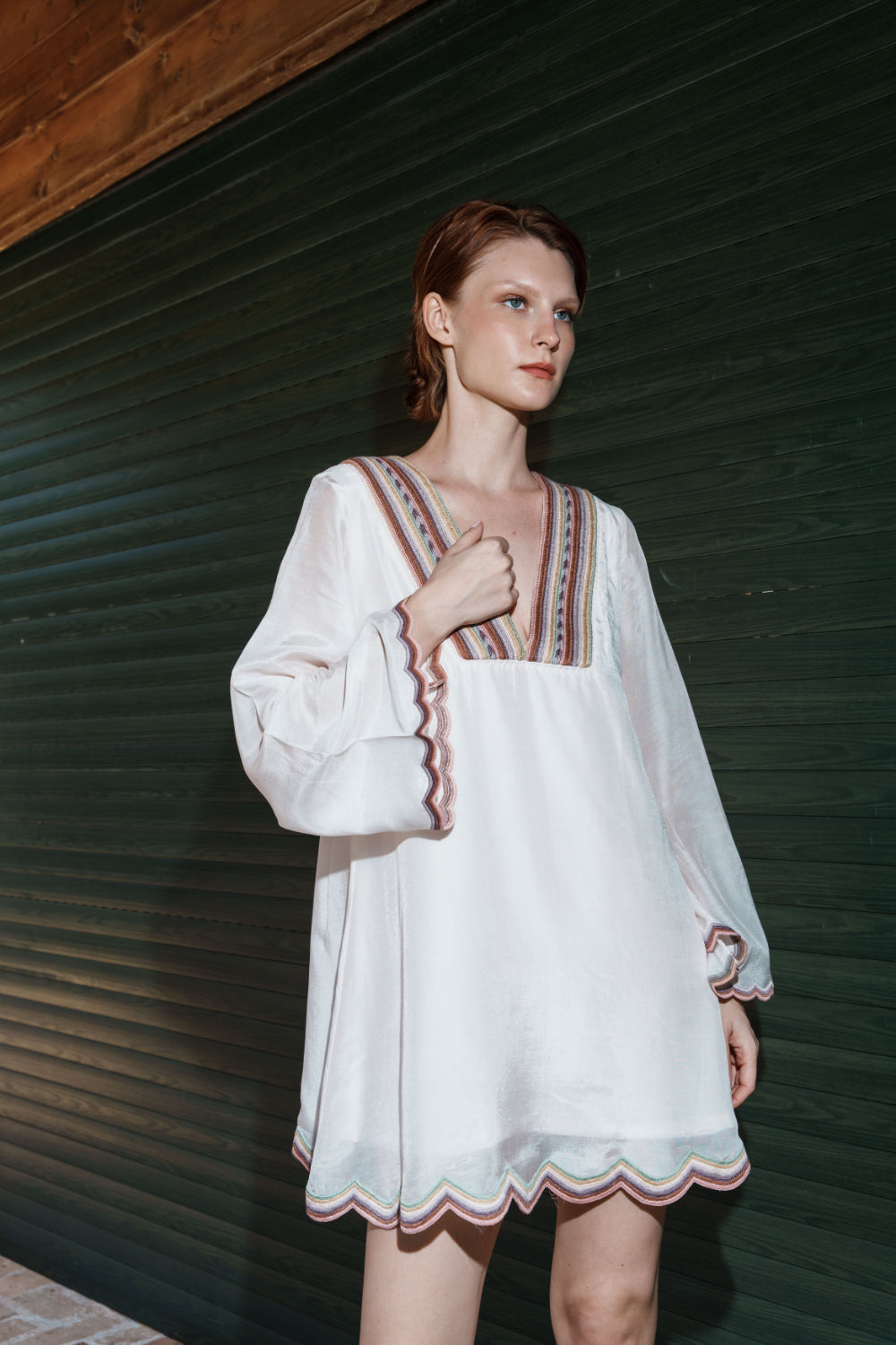 Pink mul embroidered scallop mini dress