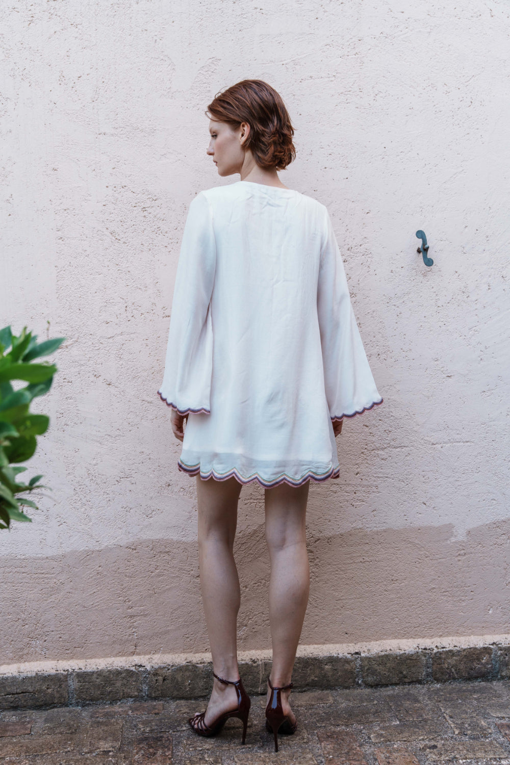 Pink mul embroidered scallop mini dress