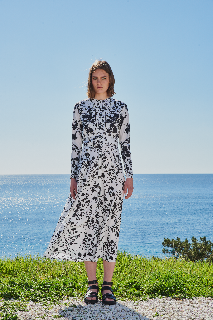 Black and white leaf printed shirt dress with belt.
