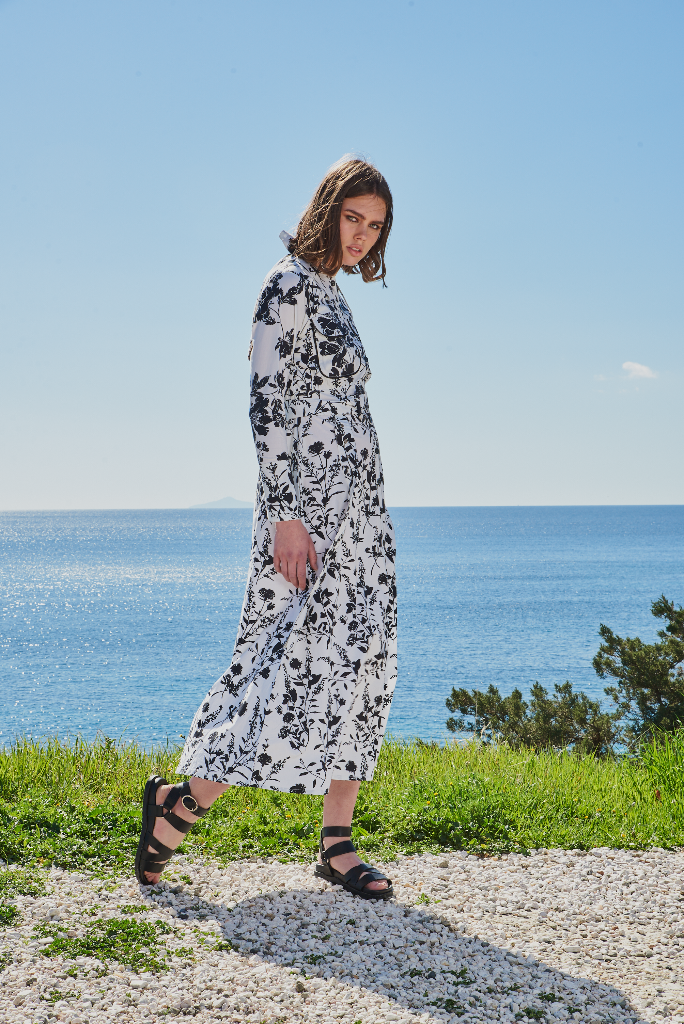 Black and white leaf printed shirt dress with belt.