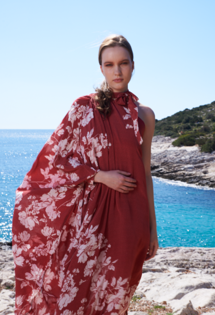 Astro dust placement printed 1 off shoulder kaftan dress
