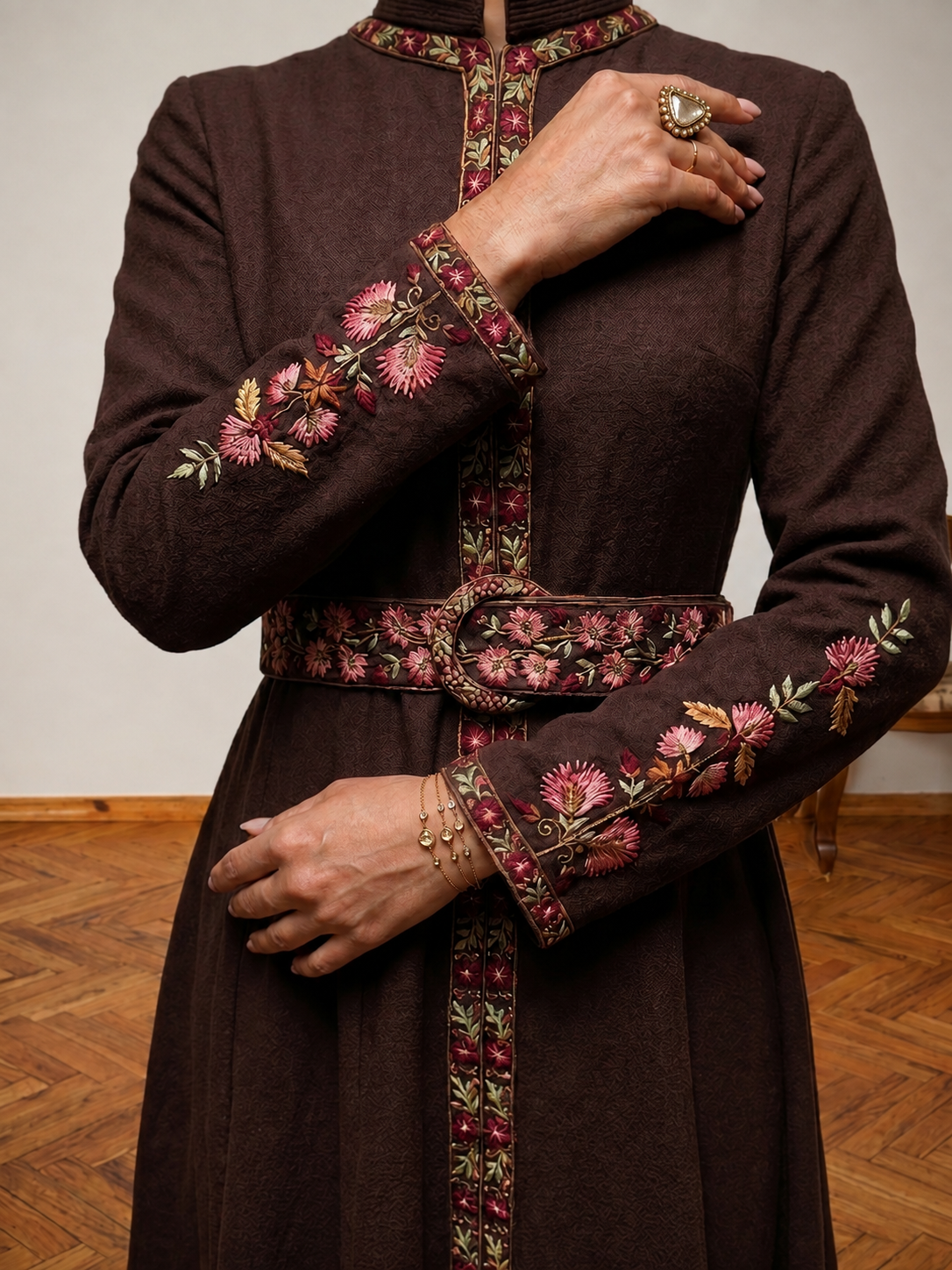 Brown Embroidered Shirt Dress
