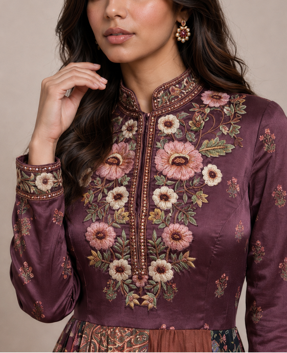 Plum Embroidered Tiered Dress