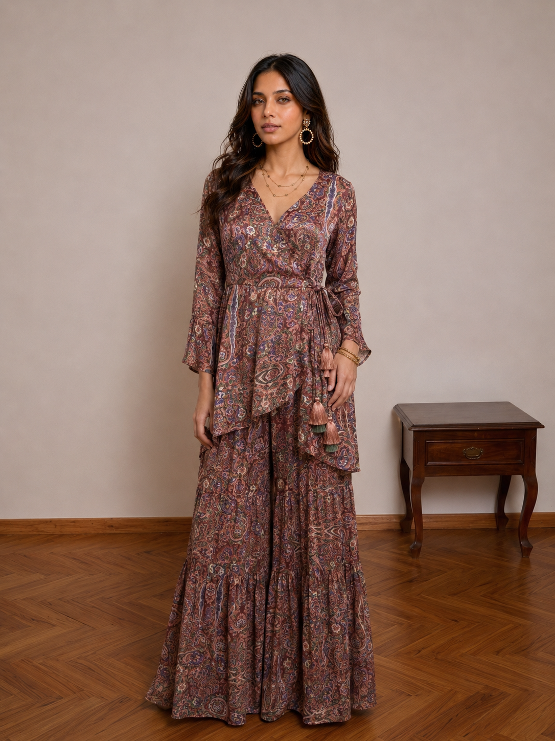 Nude Paisley Overlap Top & Tiered Pants