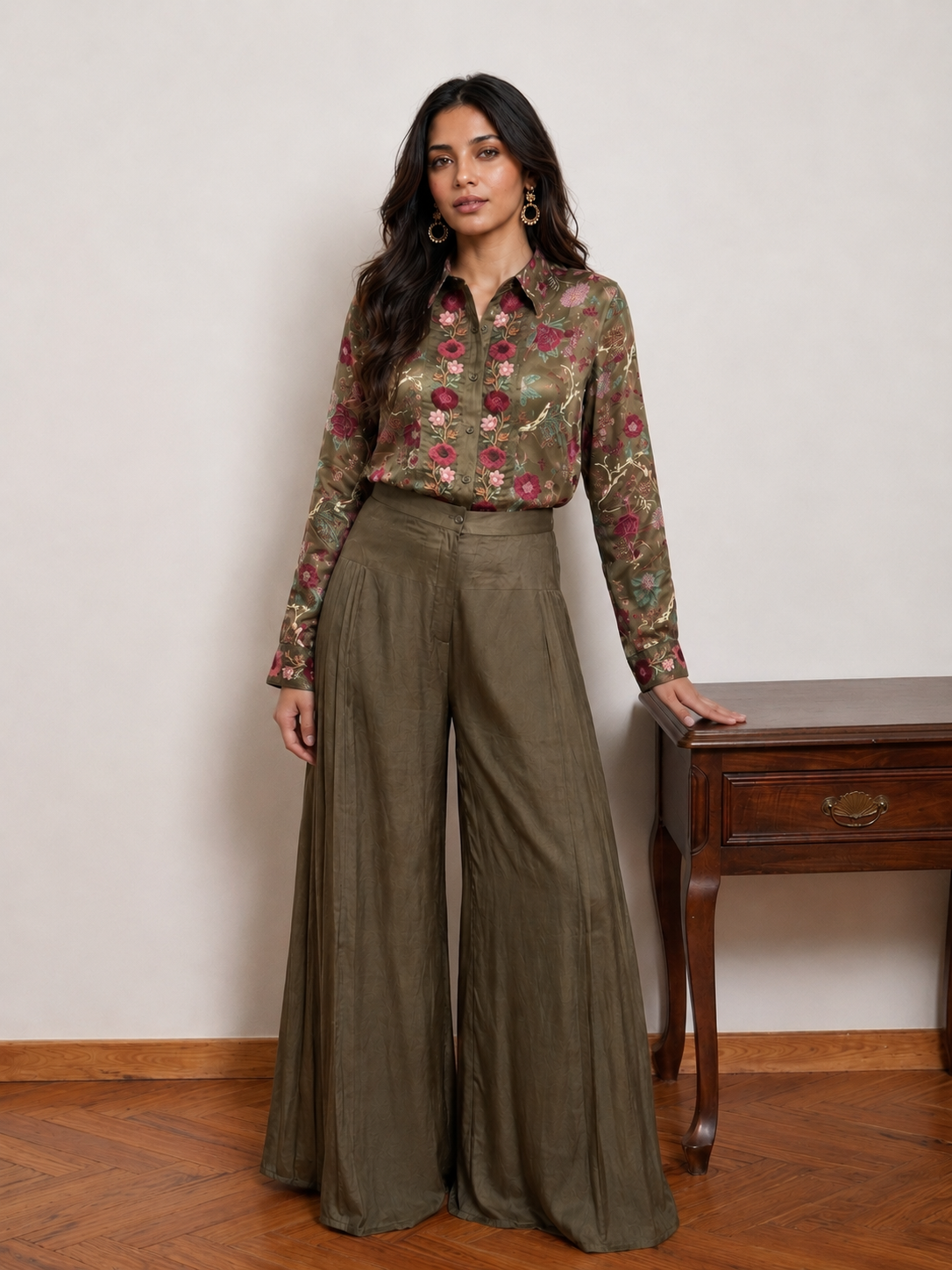 Green Chintz Embroidered Top & Pleated Pants
