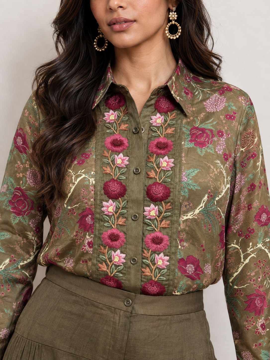 Green Chintz Embroidered Top & Pleated Pants