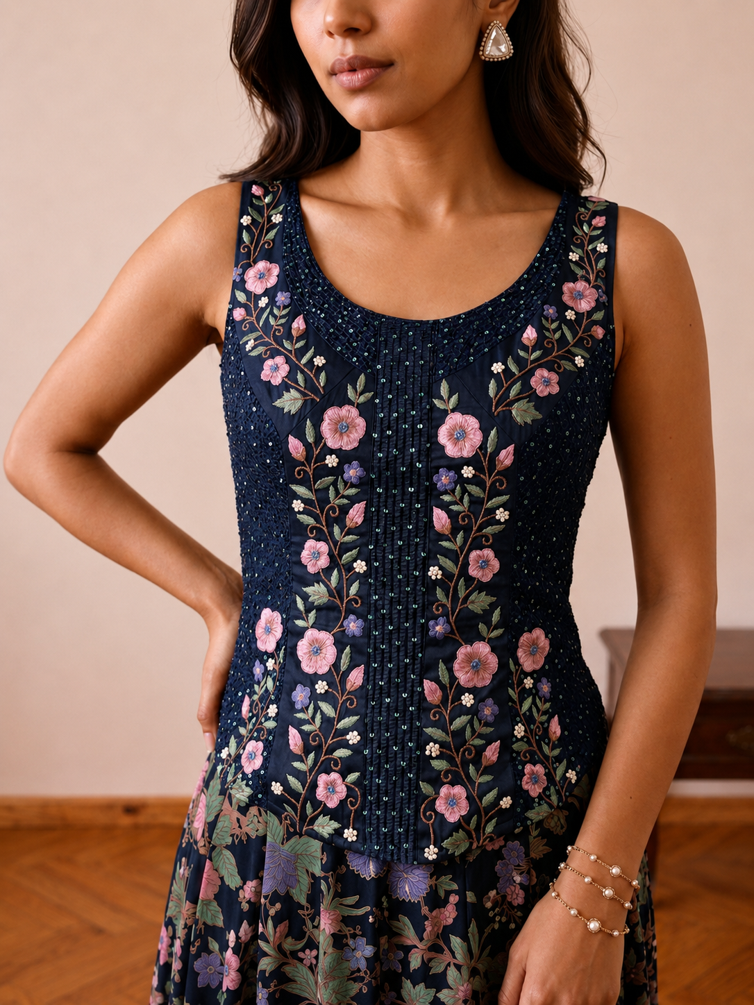 Navy Blue Embroidered Sleeveless Top